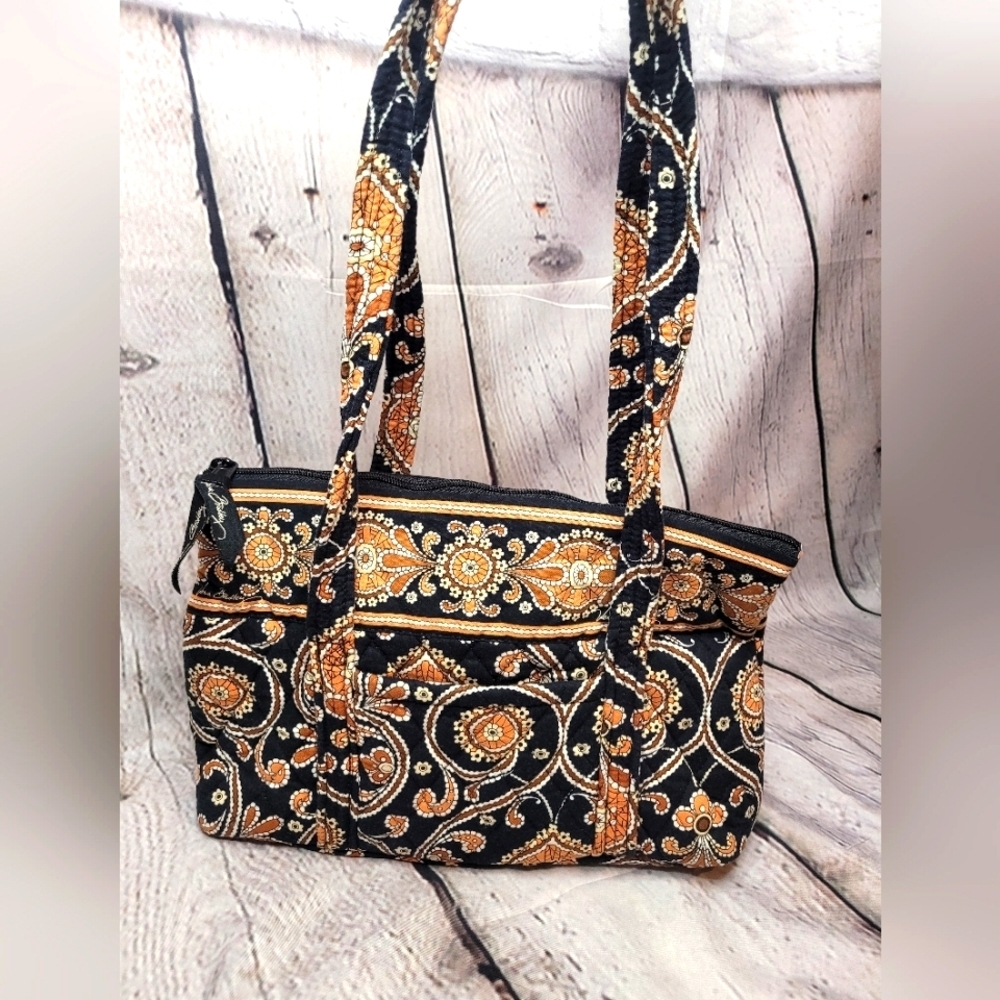 VERA BRADLEY BAG Black & Brown Floral Paisley Quilted Zip Top Handbag